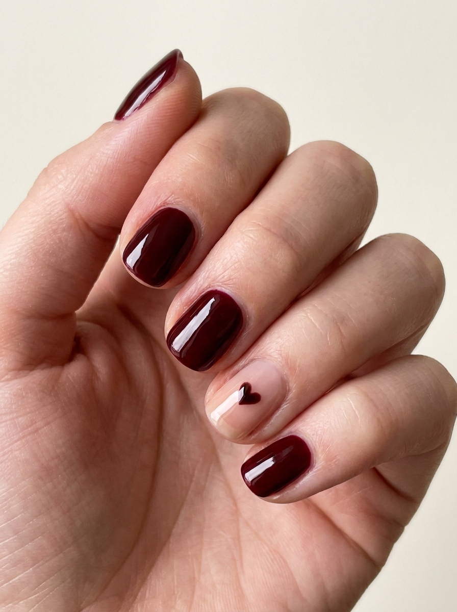 Oxblood mit Tiny Heart Accent als Oxblood Nails Inspiration 2026